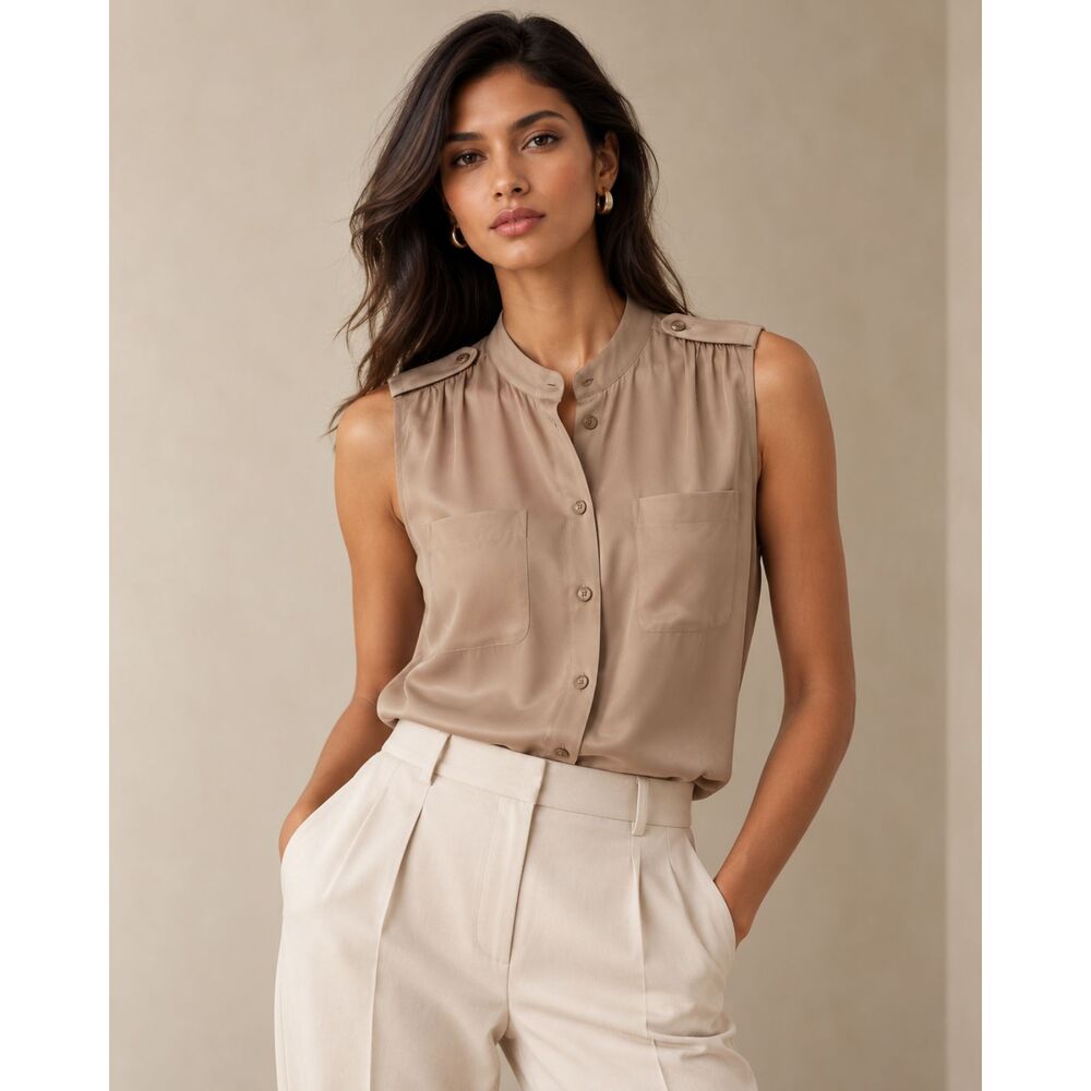 Banana Republic 100% Silk Taupe Sleeveless Women’s Size 6 Button Down Blouse